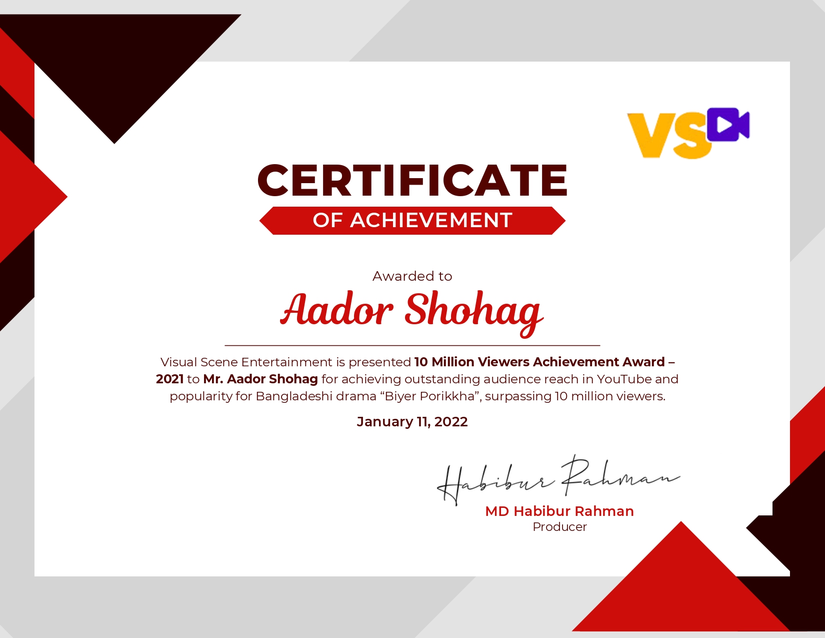 10 Million Viewers Achievement Award certificate